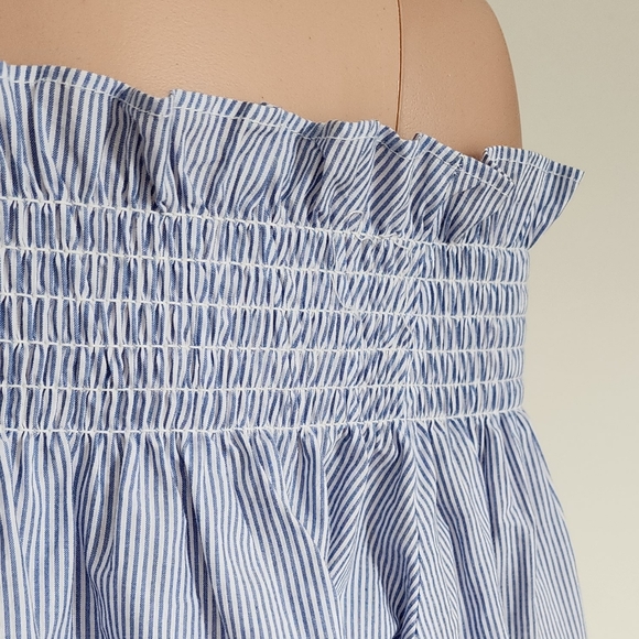STORETS PINSTRIPE BLUE WHITE SMOCKING OFF THE SHOULDER FLOWY SHIRT TOP ONE SIZE - Picture 16 of 16